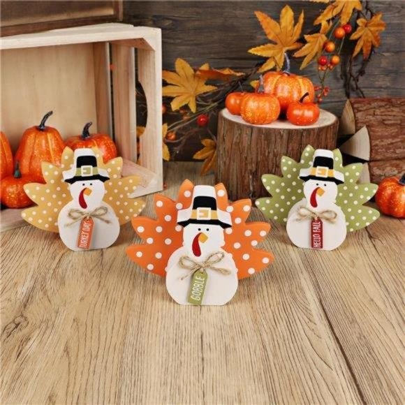 Thanksgiving Fall Decorations, Set of 3 Tabletop Turkey Decor Wood Table Sign - Picture 3 of 7